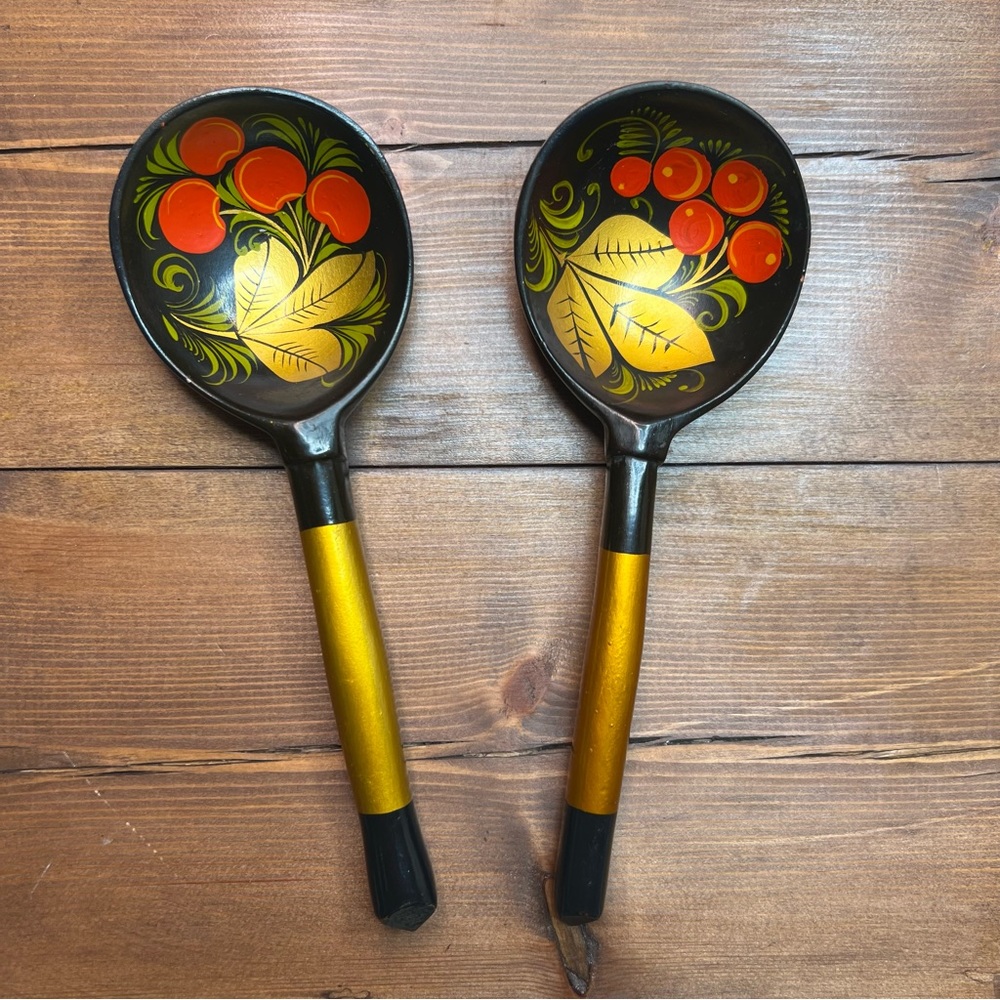 2 Vtg Russian Wooden Khokhloma Spoons